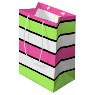 Sac Cadeau Moyen Rose chaud, vert citron, noir et blanc rayures