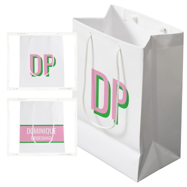 Sac Cadeau Moyen Rose Clair + Monogramme Vert Demoiselle d'Honneur (Light Pink + Green  Monogram Gift Bag)