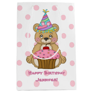 Sac Cadeau Moyen Rose de petit gâteau d'ours d'anniversaire