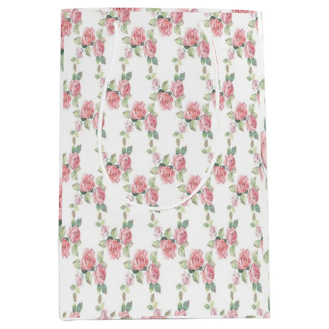 Sac Cadeau Moyen Rose Fleurie Rose Pâle Chic Démodé (Devant)