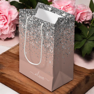Sac Cadeau Moyen Rose Gold Blush Rose Pailleté Monogramme Féminin