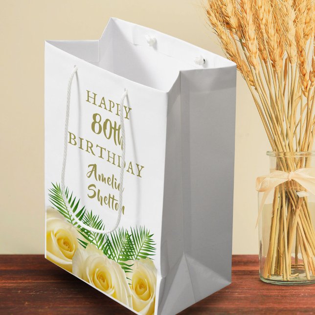 Sac Cadeau Moyen Rose jaune et Feuille Floral Joyeux anniversaire (Créateur téléchargé)
