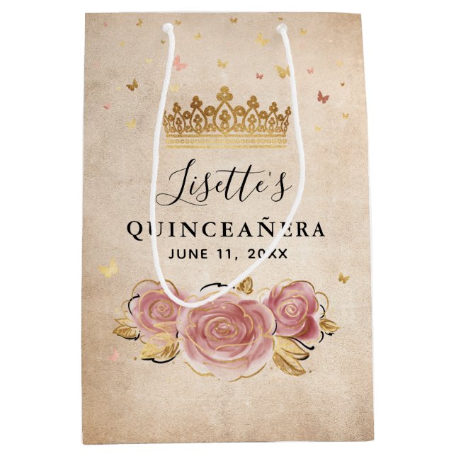 Sac Cadeau Moyen Rose Pâle Aquarelle Or Rose Quinceanera (Devant)