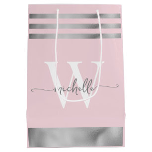 Sac Cadeau Moyen Rose Pâle Élégant Rayé Argent Monogramme Script
