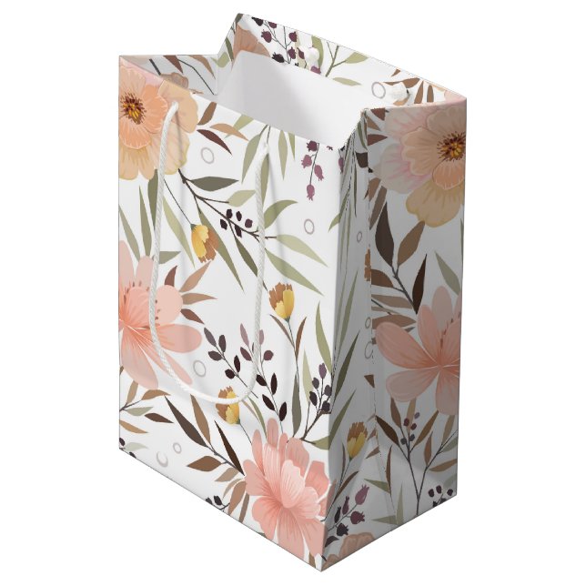 Sac Cadeau Moyen Rose Peach Pastel Floral Olive Aquarelle Brown (Devant Angle)