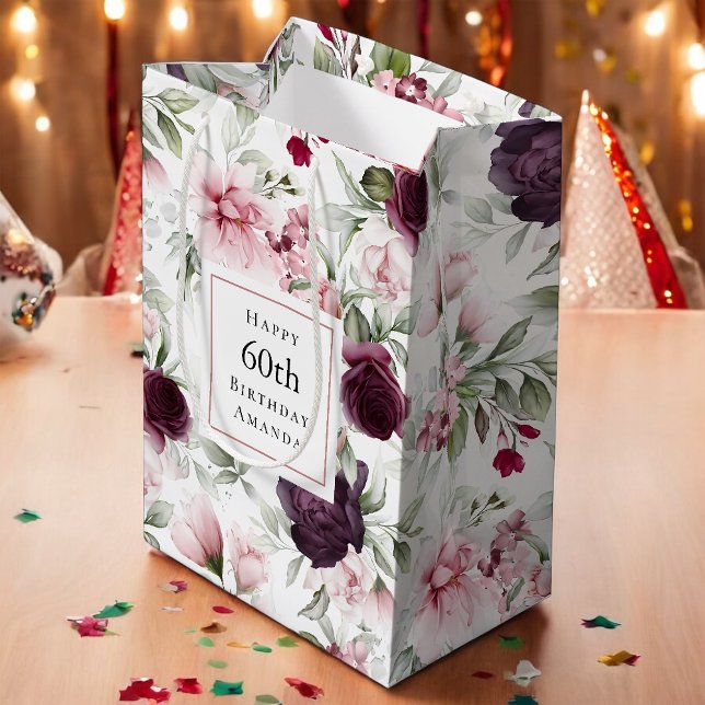 Sac Cadeau Moyen Rose romantique Aquarelle Botanique 60e Anniversai (Créateur téléchargé)