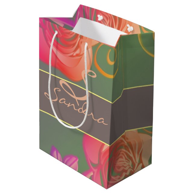 Sac Cadeau Moyen Rose romantique avec nom (Dos Angle)