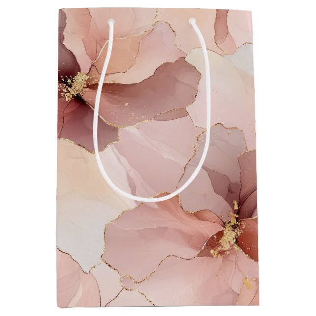 Sac Cadeau Moyen Rose Romantique Fleur Rose Doré (Devant)