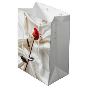 Sac Cadeau Moyen Rose rouge d'anniversaire sur satin blanc