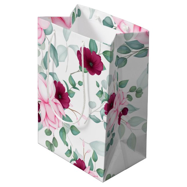 Sac Cadeau Moyen rose rouge élégant floral (Dos Angle)