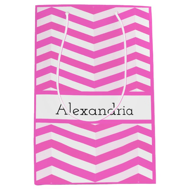 Sac Cadeau Moyen Rose vif et blanc rayé en chevron (Devant)