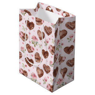 Sac Cadeau Moyen Roses Brunes Fleurs Cœurs Mariage