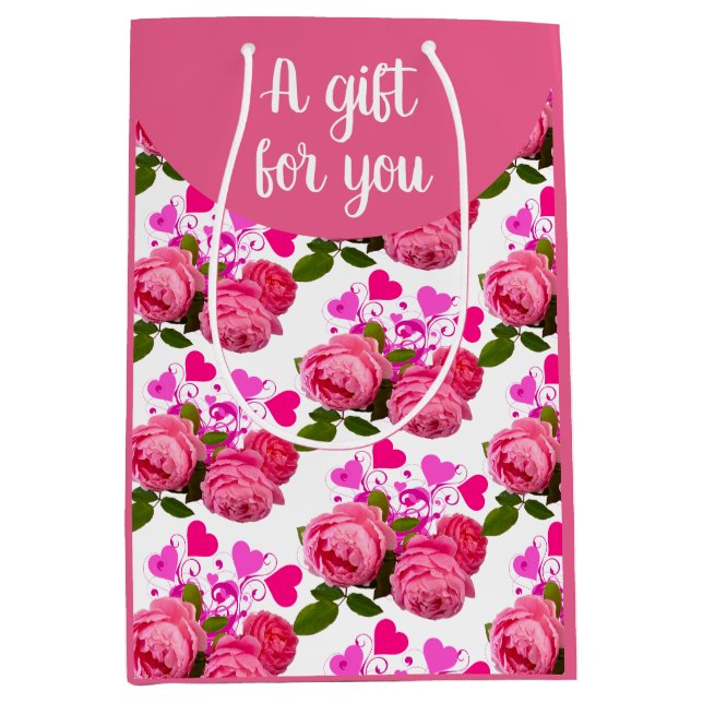 Sac Cadeau Moyen Roses et Coeurs roses (Devant)
