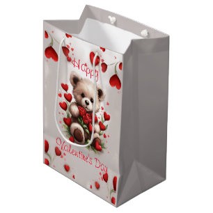 Sac Cadeau Moyen Roses & Hearts Ourson Mignon Saint-Valentin