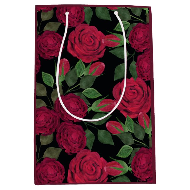 Sac Cadeau Moyen Roses rouges sur noir. (Devant)