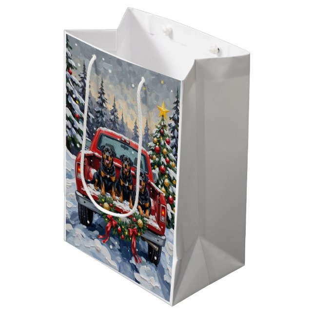 Sac Cadeau Moyen Rottweiler Christmas Red Truck Holiday (Devant Angle)