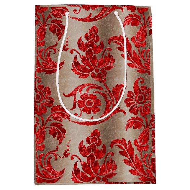 Sac Cadeau Moyen Rouge Or Faux Velvet Damask Élégant (Devant)