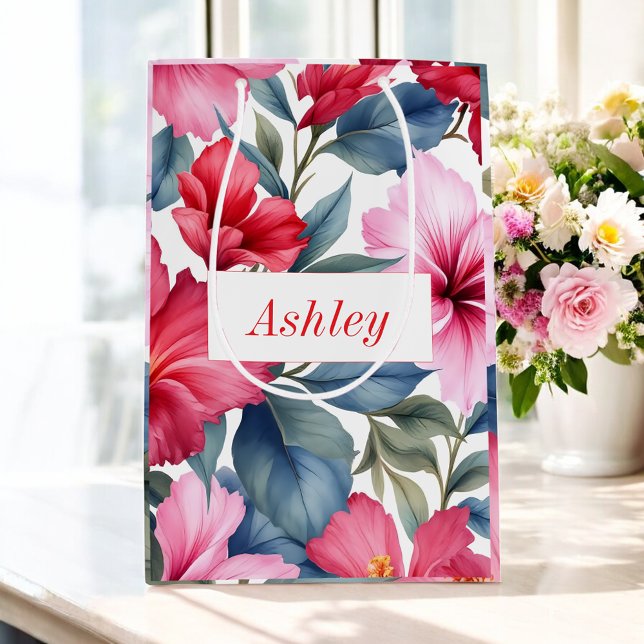 Sac Cadeau Moyen Rouge Rose Floral Aquarelle Hibiscus Élégant (Créateur téléchargé)
