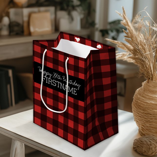 Sac Cadeau Moyen Rouge rustique et noir Buffalo plaqué fête d'anniv (Custom Gift Bag)