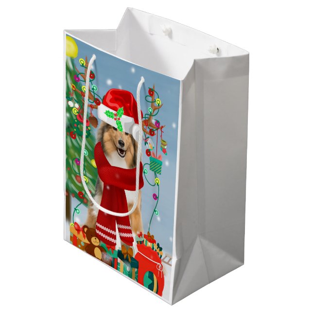 Sac Cadeau Moyen Rough Collie Chien dans neige cadeau de Noël (Devant Angle)