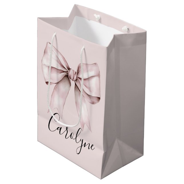 Sac Cadeau Moyen Ruban rose esthétique coquette Nom personnalisé (Devant Angle)