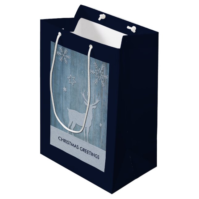 Sac Cadeau Moyen Russe Bleu Bois Reindeer Pays Noël (Devant Angle)
