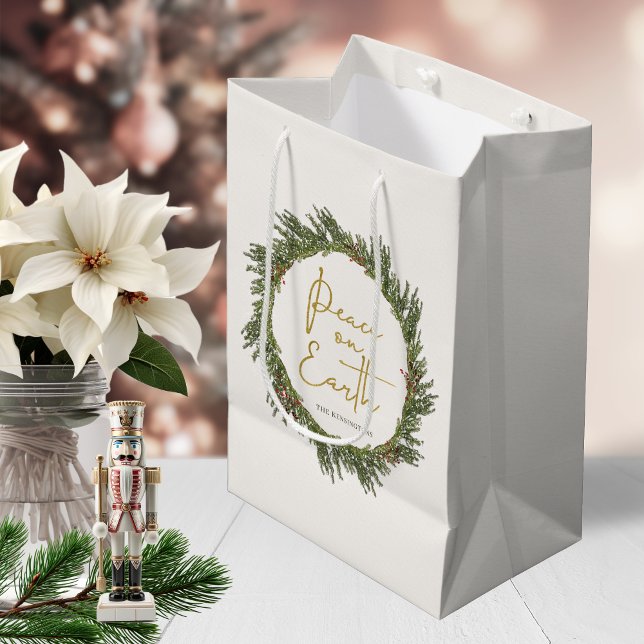 Sac Cadeau Moyen Rustic Elegant Christmas Wreath Peace on Earth (Rustic Elegant Christmas Wreath Peace on Earth Medium Gift Bag)