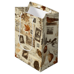 Sac Cadeau Moyen Rustique Automne Ephemera Collage Terre chaude