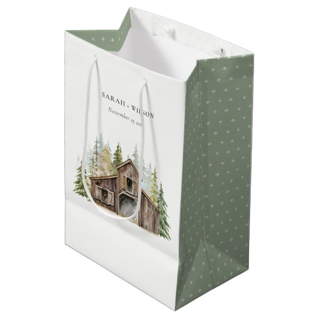 Sac Cadeau Moyen Rustique Elegant Pine Woods Forest Barnyard Mariag (Devant Angle)