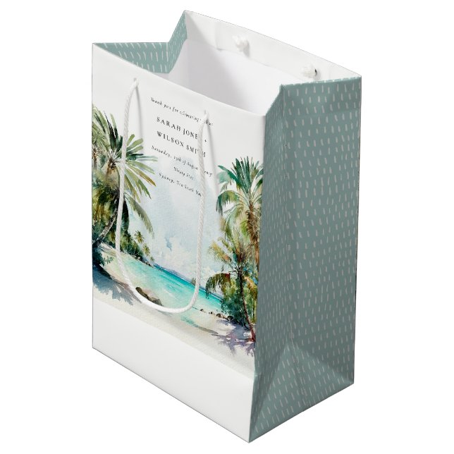 Sac Cadeau Moyen Sable Tropical Beach Aquarelle Palm Trees Mariage (Devant Angle)