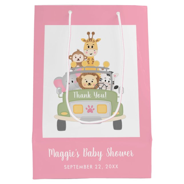 Sac Cadeau Moyen Safari rose bébé fille douche Merci (Dos)