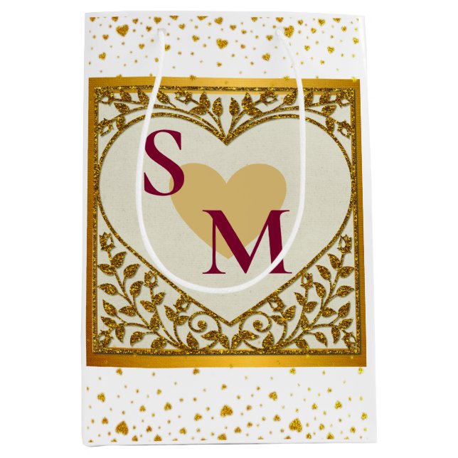 Sac Cadeau Moyen Saint-Valentin au coeur rouge initial et or (Devant)