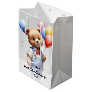 Sac Cadeau Moyen Saint-Valentin Mignonne Ours Aquarelle Avec Balloo