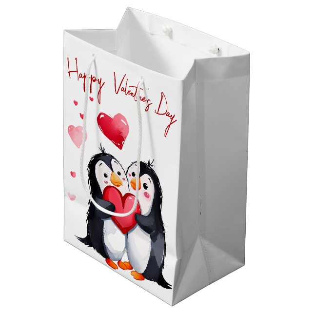 Sac Cadeau Moyen Saint Valentin Penguins Avec Coeur (Devant Angle)