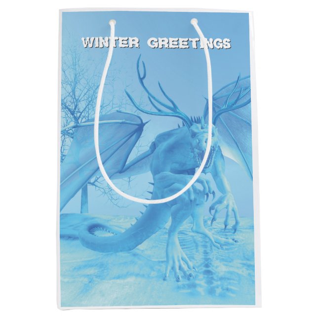 Sac Cadeau Moyen Salutations d'hiver. Dragon de glace avec bois (Devant)