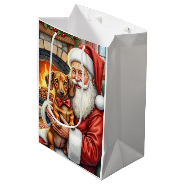 Sac Cadeau Moyen Santa Claus Holding Dachshund Christmas Art (Devant Angle)