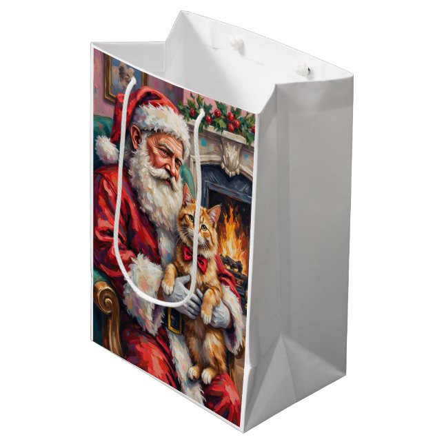 Sac Cadeau Moyen Santa Claus Holding Persian Cat Christmas Art (Devant Angle)