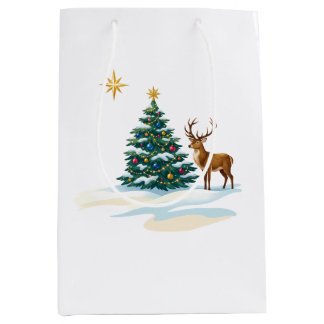 Sac Cadeau Moyen Sapin de Noël et Renne dans la Neige