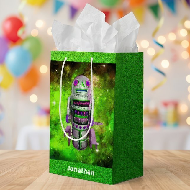 Sac Cadeau Moyen Sci fi retro toy robot galaxie verte nom personnal (Créateur téléchargé)