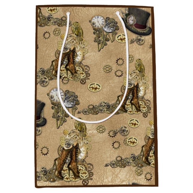 Sac Cadeau Moyen Sculptures de Steampunk sur Tan Leather Texture (Devant)