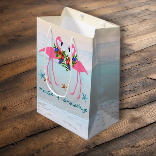 Sac Cadeau Moyen Seas n Salutations Flamants roses roses Noël Aqua (Créateur téléchargé)