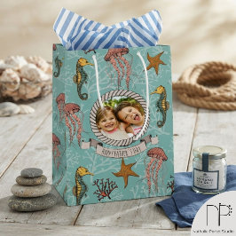 Sac Cadeau Moyen Sérénade de hippocampe bleu menthe avec photo et t
