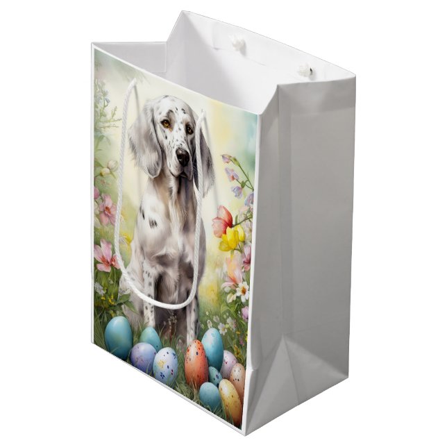 Sac Cadeau Moyen Setter anglais avec oeufs de Pâques (Devant Angle)
