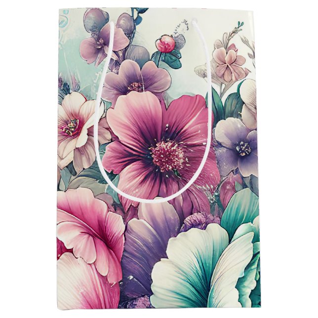 Sac Cadeau Moyen Shabby Chic Floral Anniversaire (Devant)