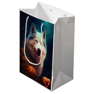 Sac Cadeau Moyen Siberian Husky d'Halloween avec citrouilles effray