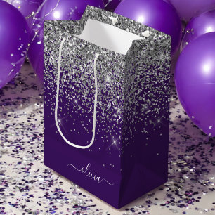Sac Cadeau Moyen Silver Purple Parties scintillant Girl Monogramme 