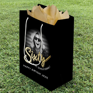 Sac Cadeau Moyen Sixty gold script and custom photo 60th birthday