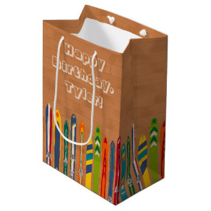 Sac Cadeau Moyen Skis Vintage Colorés sur Fond Brun Personnalisé