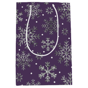 Sac Cadeau Moyen Snowflakes argenté violet Motif