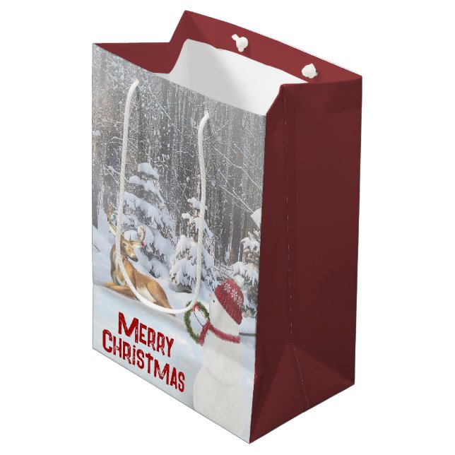 Sac Cadeau Moyen Snowman de Noël avec cerf (Devant Angle)